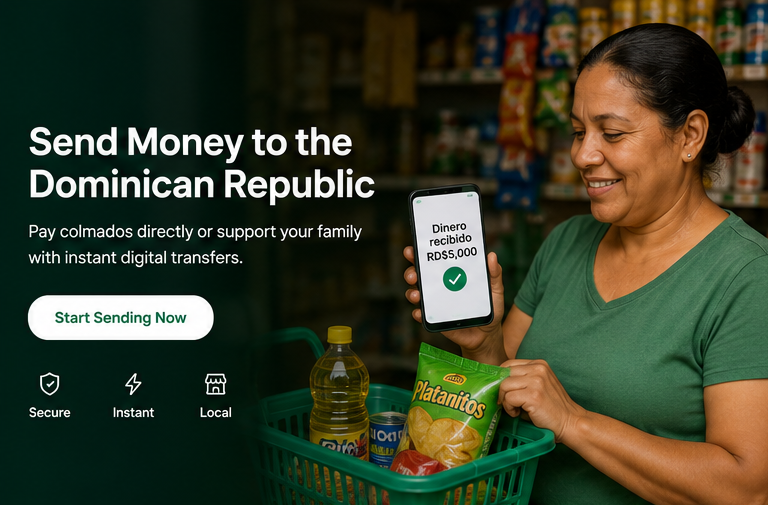 Dominican woman receiving digital support for groceries at a local colmado